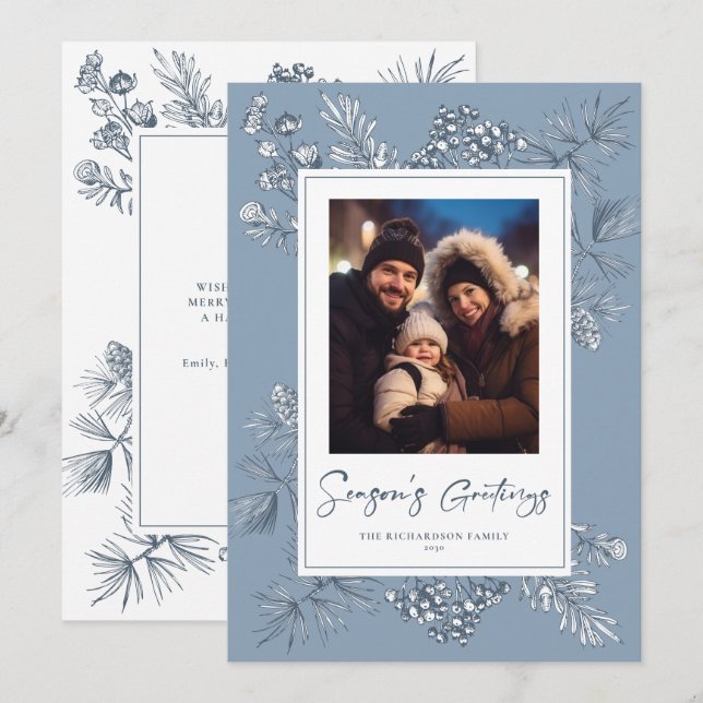 Cartes Pour Fêtes Annuelles Bleu de Noël botanique (Devant / Derrière)