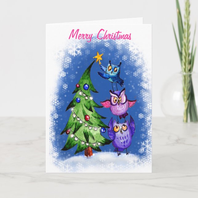 Cartes Pour Fêtes Annuelles Bleu de Noël du ` s de hibou (Devant)