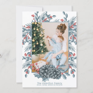 Cartes Pour Fêtes Annuelles Bleu délicat Pin de Berry Photo de Noël