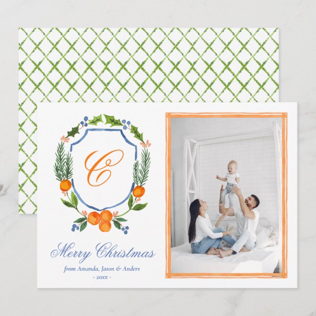 Cartes Pour Fêtes Annuelles Bleu Famille Crest Citrus Garland Photo de Noël (Devant / Derrière)