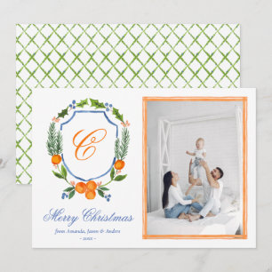 Cartes Pour Fêtes Annuelles Bleu Famille Crest Citrus Garland Photo de Noël 