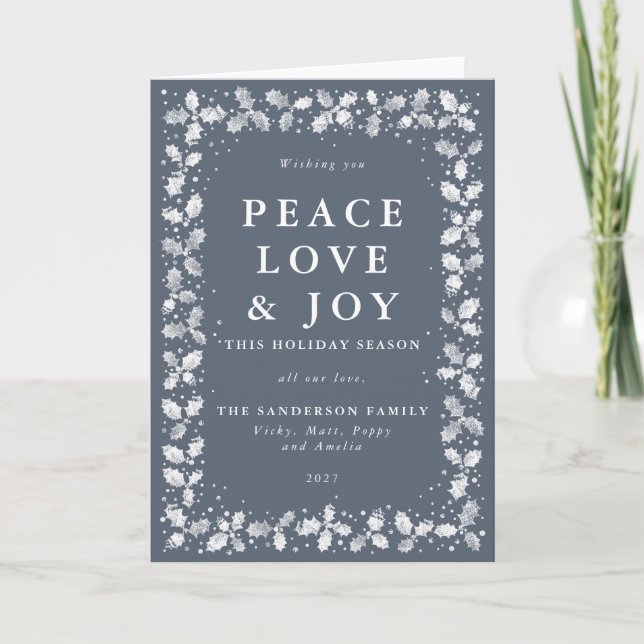 Cartes Pour Fêtes Annuelles Bleu foncé Grey Holly Feuilles Paix Amour & Joie (Devant)