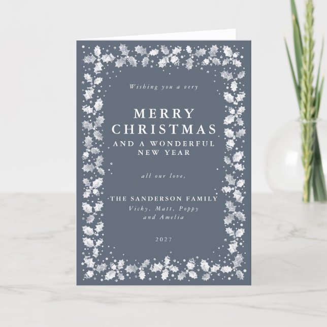 Cartes Pour Fêtes Annuelles Bleu foncé Gris Holly Feuilles frontière non photo (Devant)