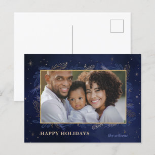 Cartes Pour Fêtes Annuelles Bleu Gold Botanique Photo Holiday PostCard