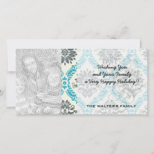 Cartes Pour Fêtes Annuelles bleu gris et crème élégant damassé
