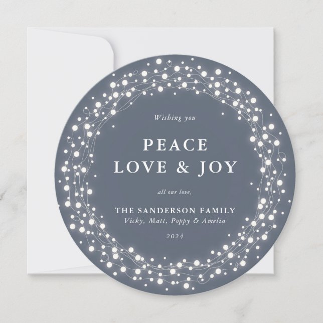Cartes Pour Fêtes Annuelles Bleu gris rond éclatant lumière paix Amour + joie (Devant)
