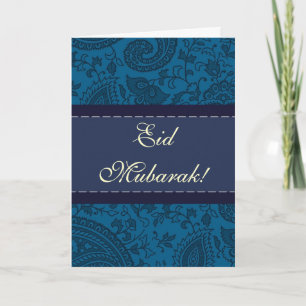 Cartes Pour Fêtes Annuelles Bleu indien damassé Eid Mubarak