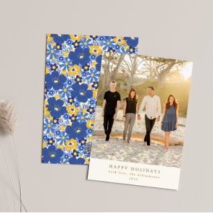 Cartes Pour Fêtes Annuelles Bleu Jaune Floral Hanoukka Fête Photo Élégant