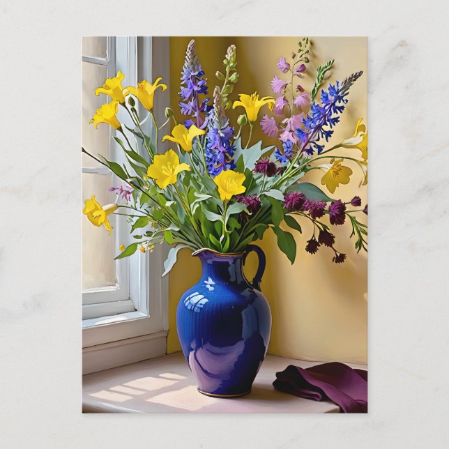 Cartes Pour Fêtes Annuelles Bleu jaune pourpre fleurit Art (Devant)
