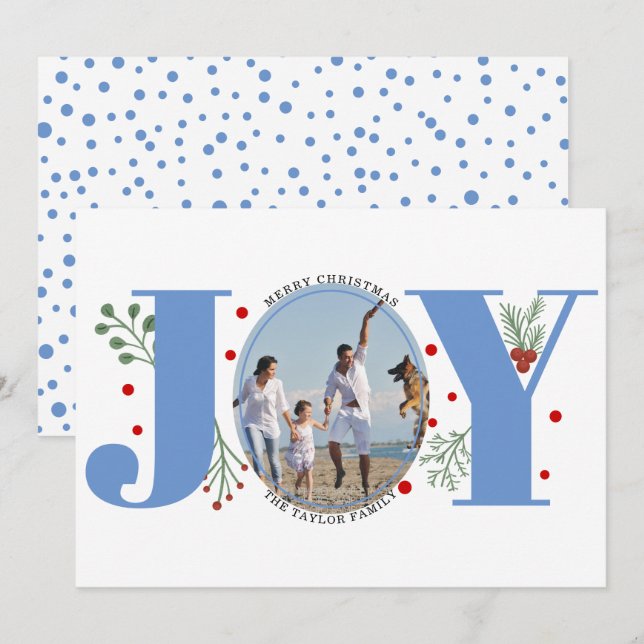Cartes Pour Fêtes Annuelles bleu Joie avec baies photo de Noël (Devant / Derrière)