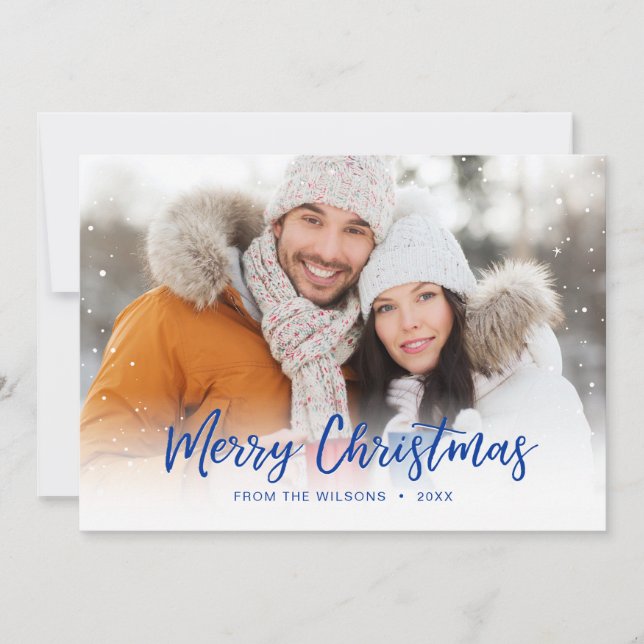 Cartes Pour Fêtes Annuelles Bleu Joyeux Noël Script superposer photo de vacanc (Devant)