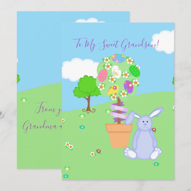Cartes Pour Fêtes Annuelles Bleu lapin de Pâques Grandson (Devant / Derrière)