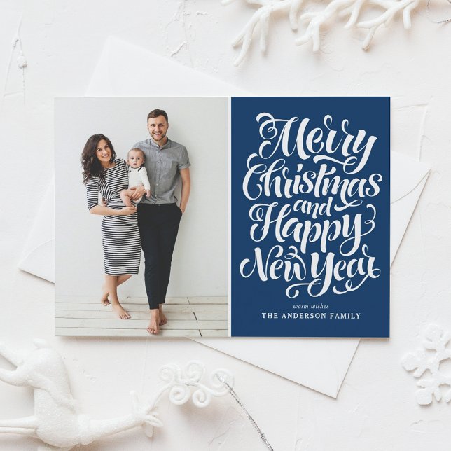 Cartes Pour Fêtes Annuelles Bleu Marine Joyeux Noël et Bonne Année Photo (Créateur téléchargé)