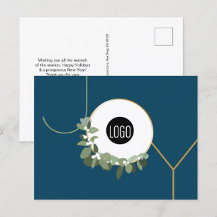 Cartes Pour Fêtes Annuelles Bleu Moderne Wreath JOY Logo d'entreprise personna