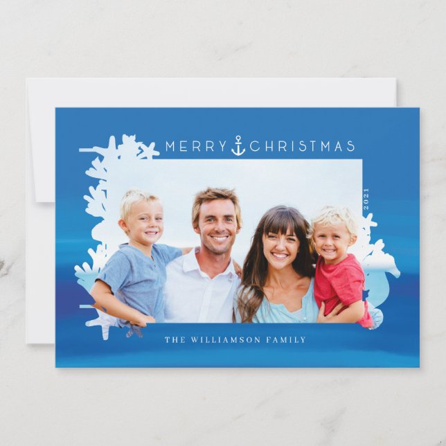 Cartes Pour Fêtes Annuelles Bleu Nautique Joyeux cadre photo Océan de Noël (Devant)