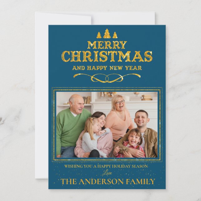 Cartes Pour Fêtes Annuelles Bleu or Joyeux Noël Bonne année photo (Devant)