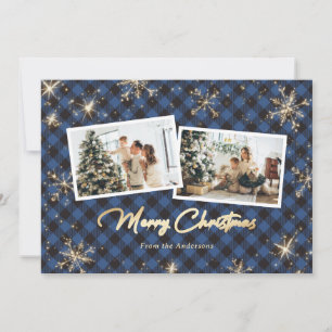 Cartes Pour Fêtes Annuelles Bleu Plaid Gold Sparkakes Snowflakes Photo Noël