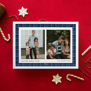 Cartes Pour Fêtes Annuelles Bleu Plaid Love and Joy Double Photo