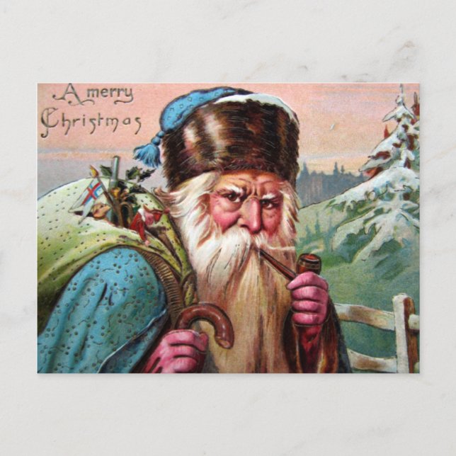 Cartes Pour Fêtes Annuelles Bleu Robe Santa Claus Fumer Pipe - Noël (Devant)