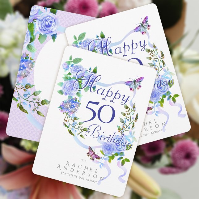 Cartes Pour Fêtes Annuelles Bleu Rose Ruban Anniversaire (Chic Romantic Blue Rose Ribbon Happy Birthday Card.)