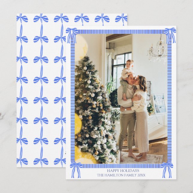 Cartes Pour Fêtes Annuelles Bleu Ruban Photo Grandmillennial Holiday (Devant / Derrière)