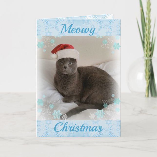 Cartes Pour Fêtes Annuelles Bleu russe. Meowy Noël. (Devant)