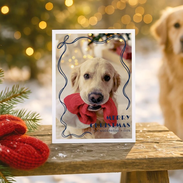 Cartes Pour Fêtes Annuelles Bleu Whimsical Ruban Pet Photo Joyeux Noël (Créateur téléchargé)