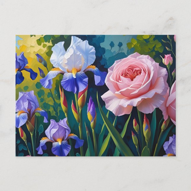 Cartes Pour Fêtes Annuelles Blooming Roses and Purle Iris Flowers  (Devant)