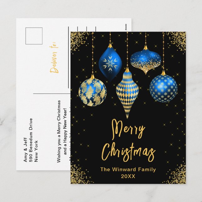 Cartes Pour Fêtes Annuelles Blue and Gold Ornaments Merry Christmas (Devant / Derrière)