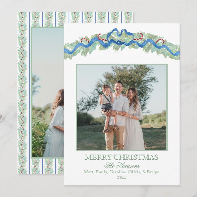 Cartes Pour Fêtes Annuelles Blue Bow Christmas Garland Nutcracker 2 Photos (Devant / Derrière)