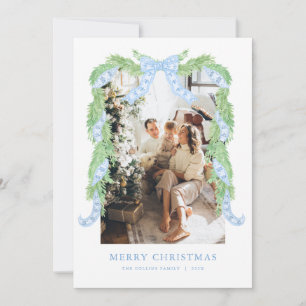 Cartes Pour Fêtes Annuelles Blue Bow Christmas Garland Photo Holiday Card
