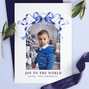 Cartes Pour Fêtes Annuelles Blue Bow Joy au monde Photo de Noël