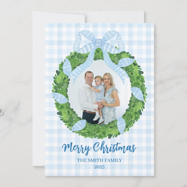Cartes Pour Fêtes Annuelles Blue Bow Wreath Christmas Photo Holiday Card (Devant)