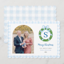 Blue Bow Wreath Christmas Photo Holiday Card