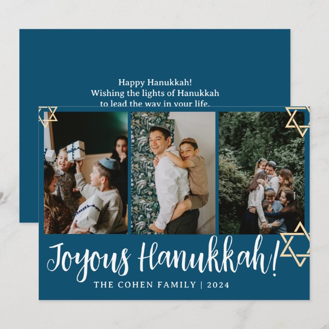 Cartes Pour Fêtes Annuelles Blue Calligraphy Happiest famille Hanoukka 4 photo (Devant / Derrière)