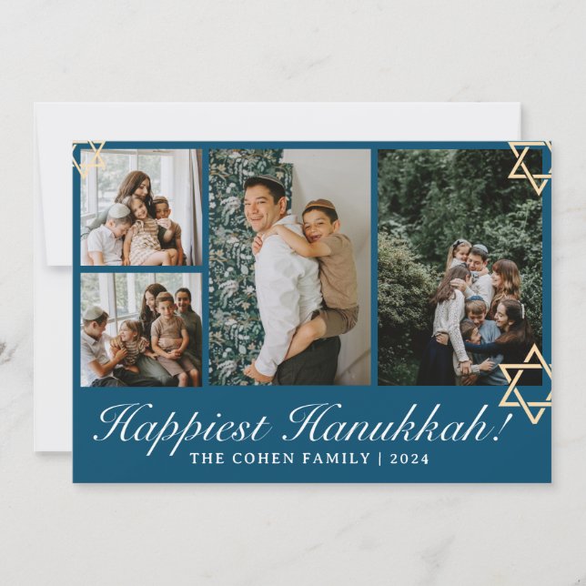 Cartes Pour Fêtes Annuelles Blue Calligraphy Happiest famille Hanoukka 4 photo (Devant)