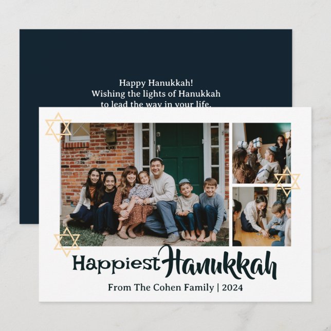 Cartes Pour Fêtes Annuelles Blue Calligraphy Happiest Hanoukka famille 3 photo (Devant / Derrière)