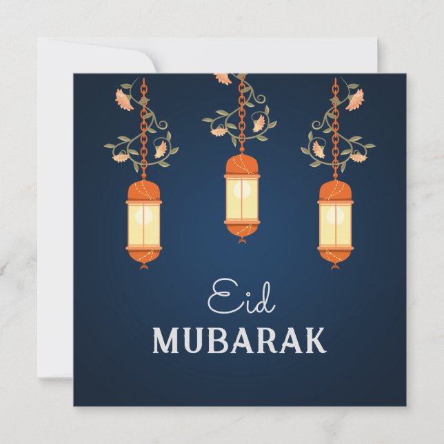 Cartes Pour Fêtes Annuelles Blue Eid Moubarak Floral Lanterne islamique (Devant)