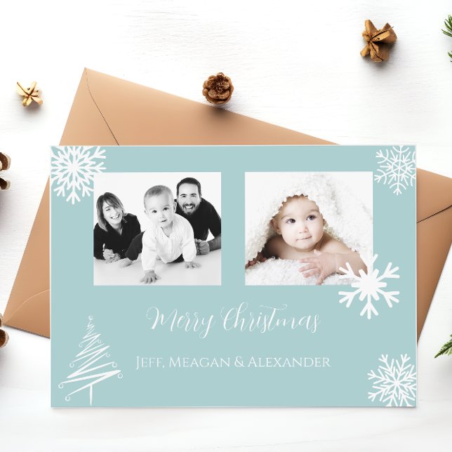 Cartes Pour Fêtes Annuelles Blue Family Photo Snowflakes Joyeux Noël (Créateur téléchargé)