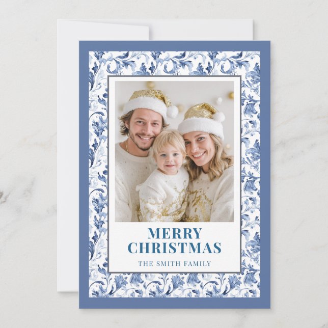 Cartes Pour Fêtes Annuelles Blue Floral Toile Christmas Photo Holiday Card (Devant)