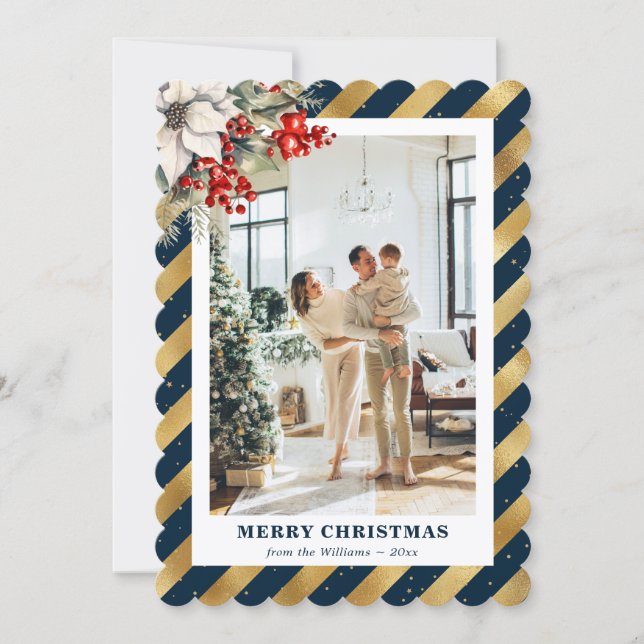 Cartes Pour Fêtes Annuelles Blue Gold Botanical Modern Photo Christmas Card (Devant)