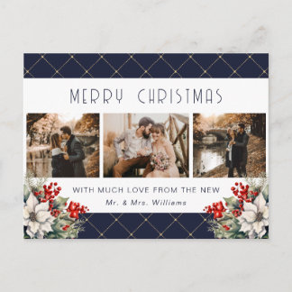 Cartes Pour Fêtes Annuelles Blue Gold Botanical Photo Newlywed