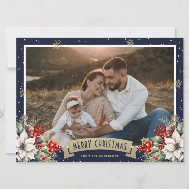 Cartes Pour Fêtes Annuelles Blue Gold Botanical Snowflake Photo Christmas (Devant)