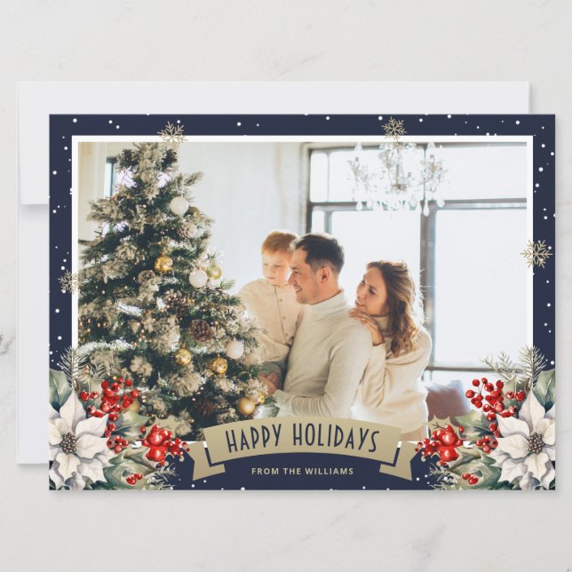 Cartes Pour Fêtes Annuelles Blue Gold Botanical Snowflake Photo Holiday (Devant)