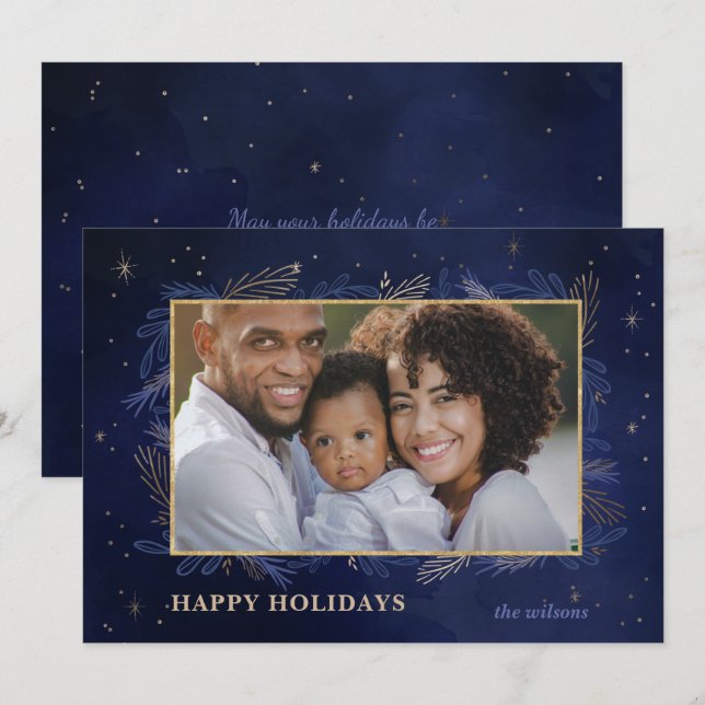 Cartes Pour Fêtes Annuelles Blue Gold Botanical Sparkle Photo Holiday Card (Devant / Derrière)