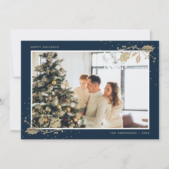 Cartes Pour Fêtes Annuelles Blue Gold Holly Snowflakes Photo Noël (Devant)