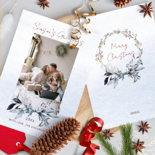 Cartes Pour Fêtes Annuelles Blue Gold Wreath Couple Famille Une photo Noël