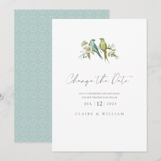 Cartes Pour Fêtes Annuelles Blue Green Birds Floral Aquarelle Mariage (Devant / Derrière)