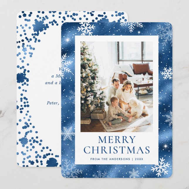 Cartes Pour Fêtes Annuelles Blue Joyeux Noël Snowflake Photo Neige (Devant / Derrière)