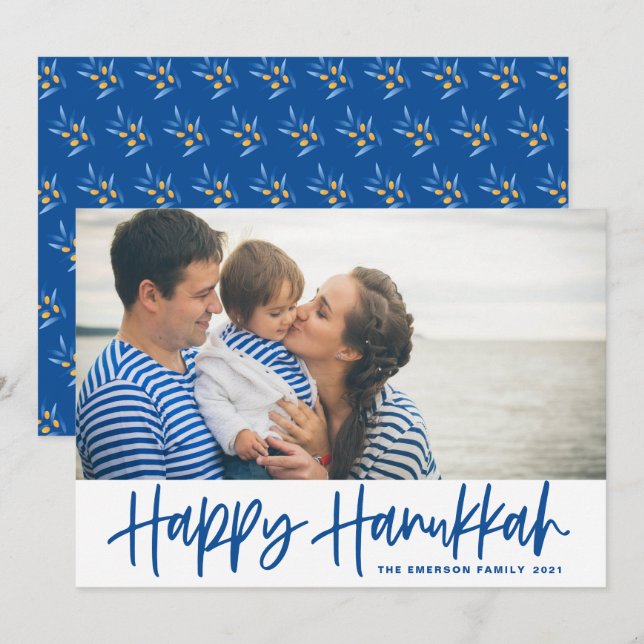 Cartes Pour Fêtes Annuelles Blue Modern Calligraphy Happy Hanoukka Photo (Devant / Derrière)